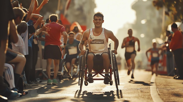 Photo un jeune homme déterminé en fauteuil roulant participe à un marathon entouré d'autres coureurs.
