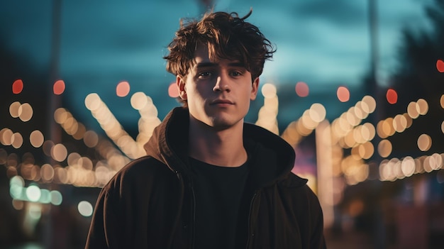 Un jeune homme devant la rue de la ville de nuit