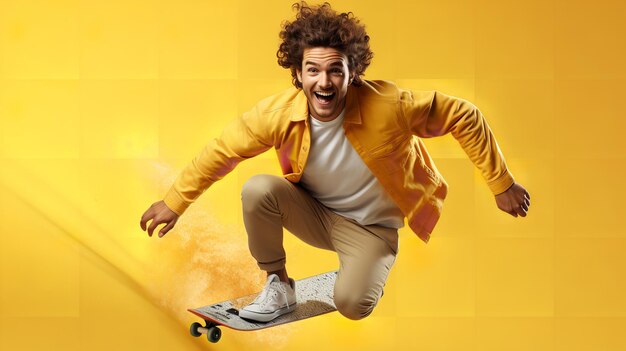 Photo un jeune homme donnant une expression de célébration folle dans un fond jaune propre ia générative