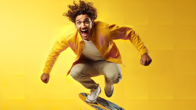 Photo un jeune homme donnant une expression de célébration folle dans un fond jaune propre ia générative