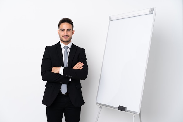 Jeune homme, donner présentation, sur, tableau blanc, et, sourire