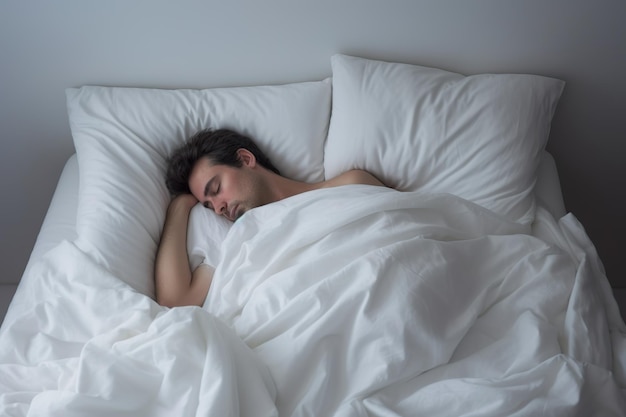 jeune homme, dormir, dans lit, à, blanc, oreiller, et, couverture