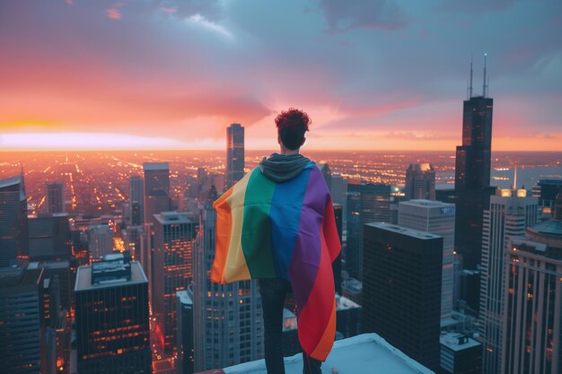 Un jeune homme avec un drapeau de fierté surplombant la ville au coucher du soleil