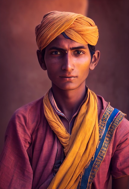 Un jeune homme du Rajasthan avec une robe traditionnelle et un pagri posant devant la caméra. Une tribu indienne.