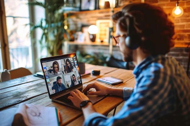 Un jeune homme avec des écouteurs travaille à distance à domicile avec un ordinateur portable avec des appels vidéo à différentes personnes