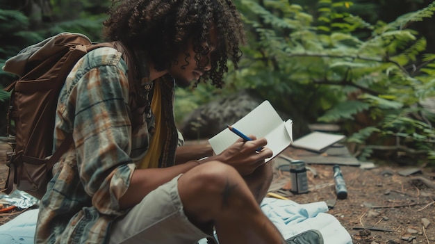 Photo un jeune homme écrit dans un cahier assis sur une couverture dans la forêt. il porte un sac à dos et une chemise à carreaux.