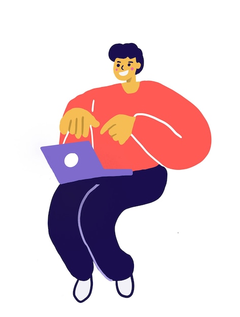 Jeune homme écrit en tapant sur un ordinateur portable Conception de personnages Isoler sur fond blanc