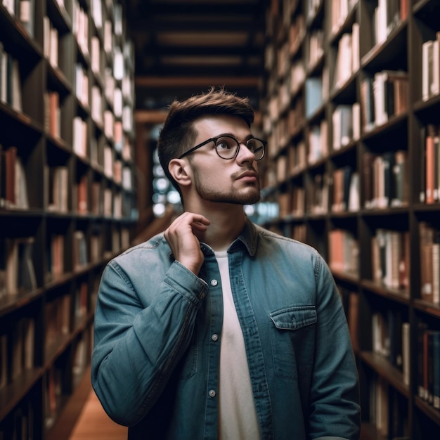 Un jeune homme égyptien est confus à la recherche d'un livre dans une bibliothèque