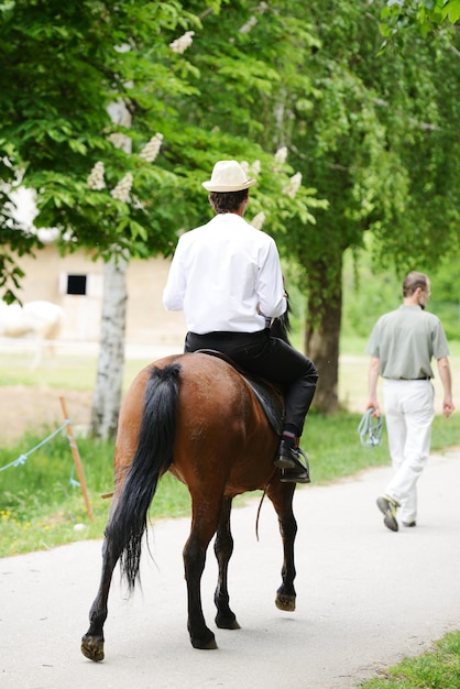 Jeune homme élégant prenant un cheval sur la campagne