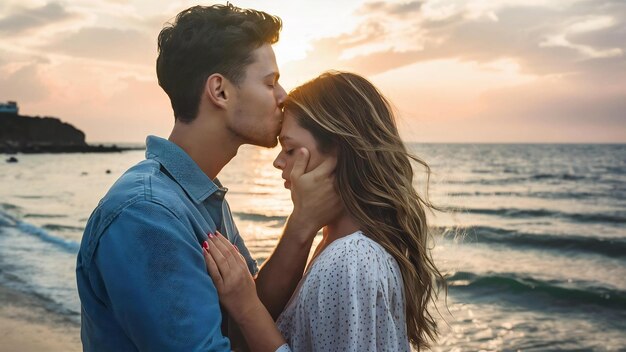 Un jeune homme embrasse une femme sur le front sur le rivage