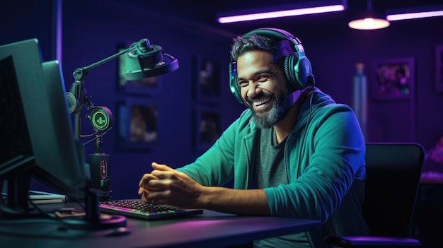 Un jeune homme enregistre un podcast dans son bureau à domicile