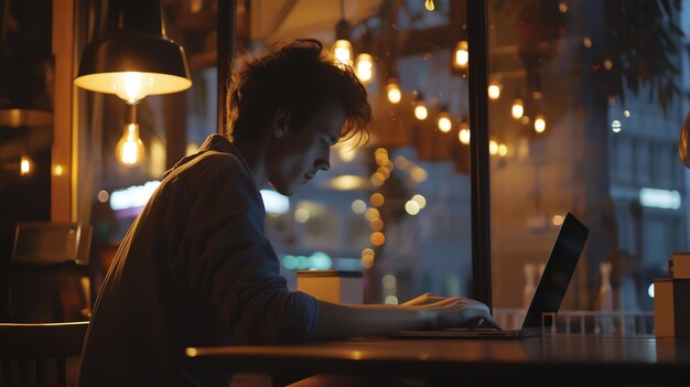 Photo un jeune homme est assis dans un café faiblement éclairé à taper sur son ordinateur portable