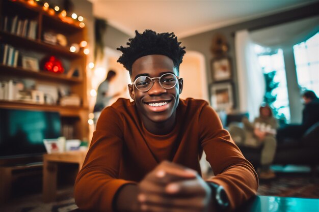 Photo un jeune homme est assis dans un salon avec un arbre de noël en arrière-plan.