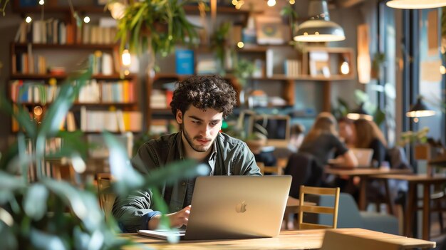 Un jeune homme est assis à une table en bois dans un café et utilise son ordinateur portable Il a les cheveux bruns bouclés et porte une tenue décontractée