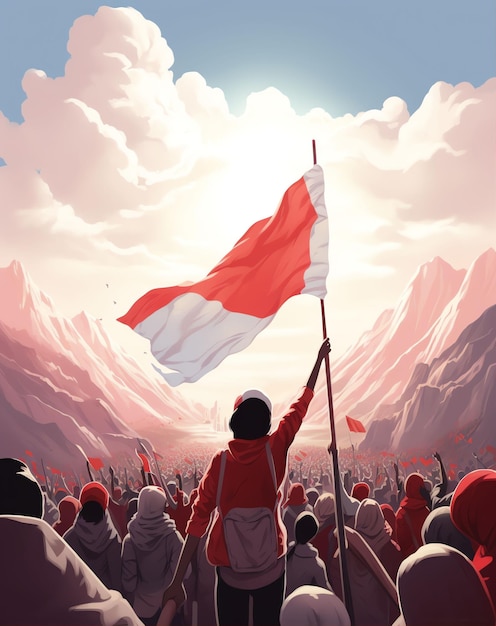 le jeune homme est vu de derrière avec beaucoup d'enthousiasme tenant le drapeau indonésien sur une montagne ba