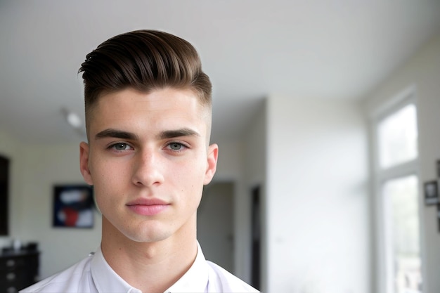 Photo jeune homme européen avec une coiffure élégante dans un barbier arrière-plan flou copie portrait spatial de