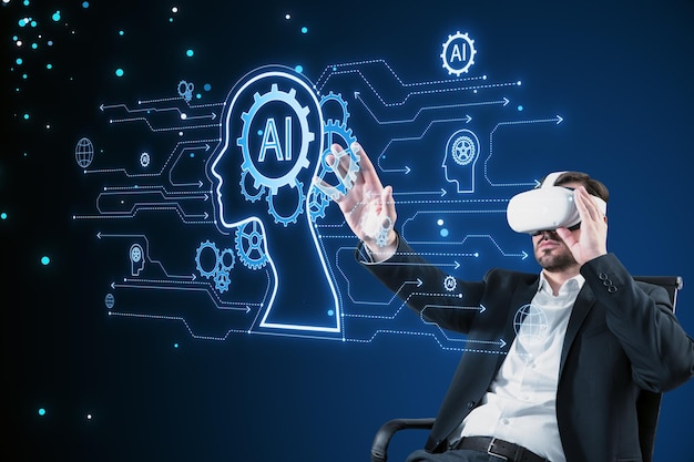 Jeune homme européen avec des lunettes VR utilisant un hologramme créatif de contour de tête d'IA avec circuit sur fond bleu flou