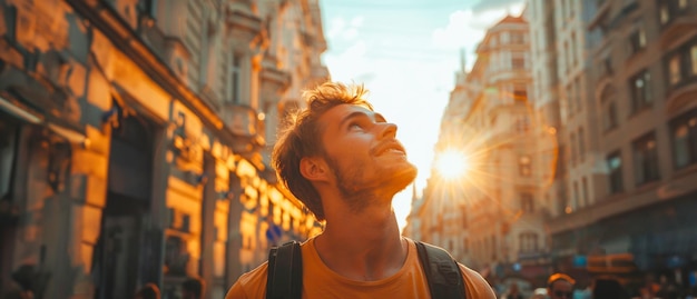 Un jeune homme explore la ville au coucher du soleil avec un sourire chaleureux et un sentiment d'émerveillement.