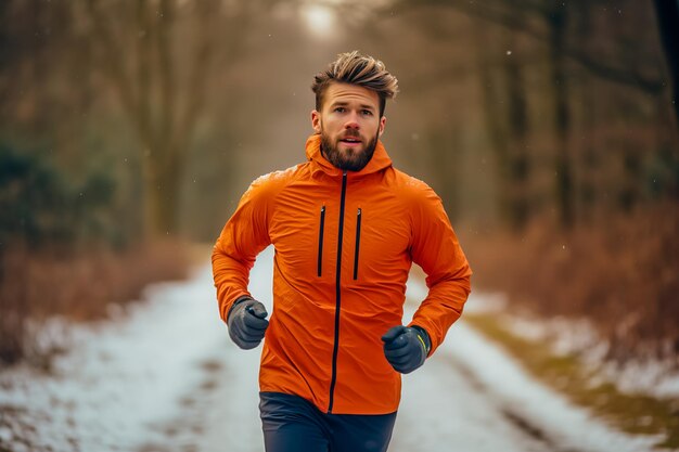 Un jeune homme faisant du jogging dans un parc d'hiver