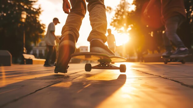 Photo un jeune homme fait du skateboard dans un environnement urbain le soleil se couche jetant une lueur chaude sur la scène