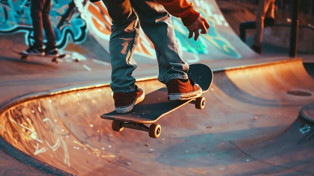 Un jeune homme fait du skateboard dans un parc de skate. Il porte des vêtements décontractés et un casque. L'arrière-plan est flou et flou.