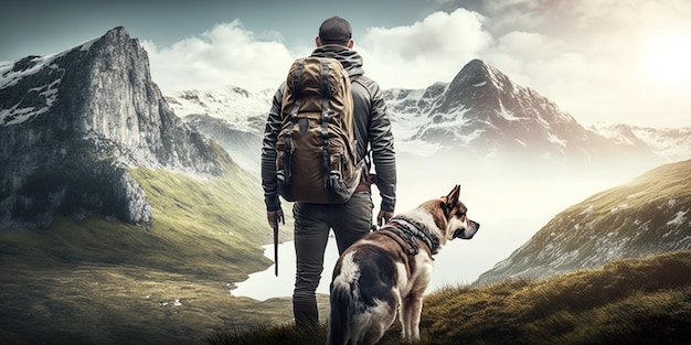 Le jeune homme fait de la randonnée dans les montagnes avec un chien