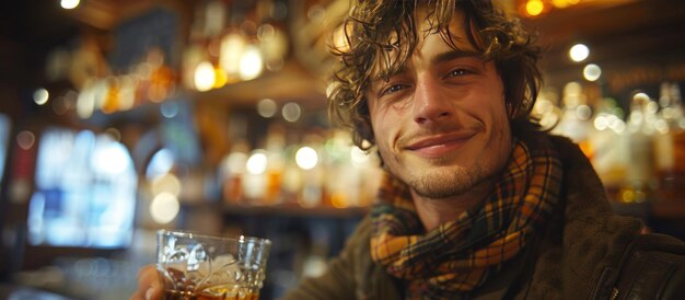 Un jeune homme fait un toast avec un verre de boisson.