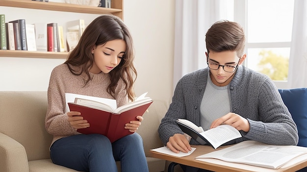 Jeune homme et femme lisant un rapport dans une salle de lecture confortable tout en travaillant à domicile