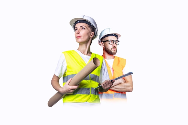 Jeune homme et femme en vêtements de construction avec un dessin sur fond clair.