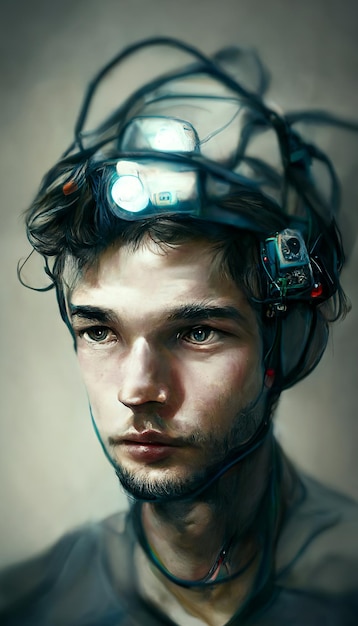 Jeune homme avec des fils dans sa tête réseau de neurones Concept homme cyborg du futur Illustration 3d hyper réaliste