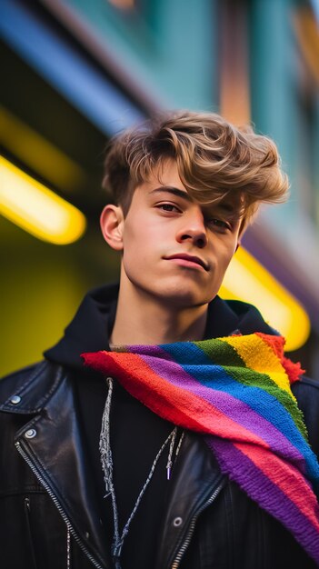 Photo un jeune homme avec un foulard en forme de drapeau lgbt coloré