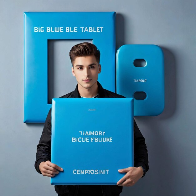 Photo un jeune homme avec une grande tablette bleue avec une inscription.