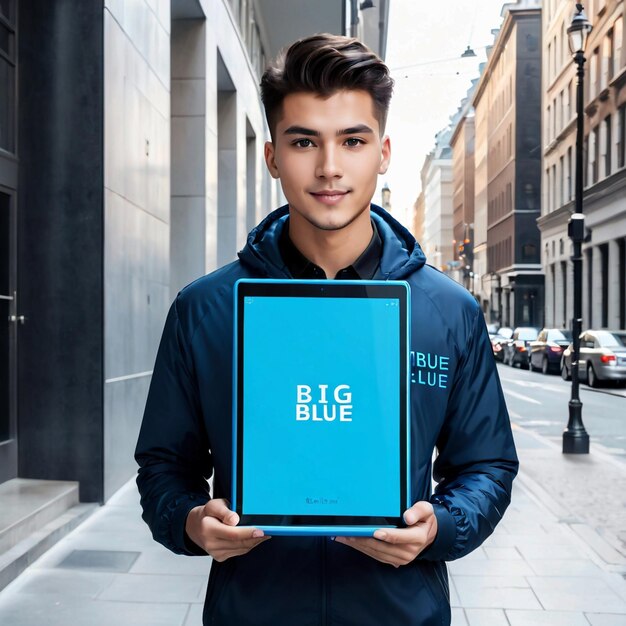 Un jeune homme avec une grande tablette bleue avec une inscription.