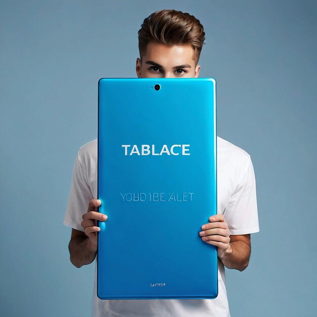 Photo un jeune homme avec une grande tablette bleue avec une inscription.