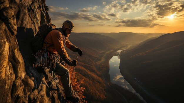 Jeune homme grimpe au coucher du soleil