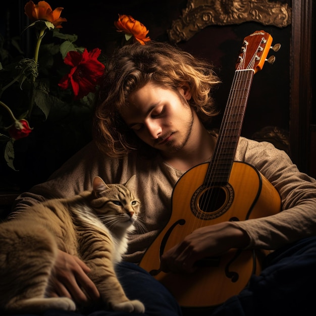 un jeune homme avec une guitare allongé sur le sol avec son chat