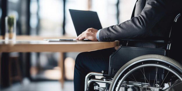 Jeune homme handicapé positif en fauteuil roulant travaillant dans un bureau IA générative