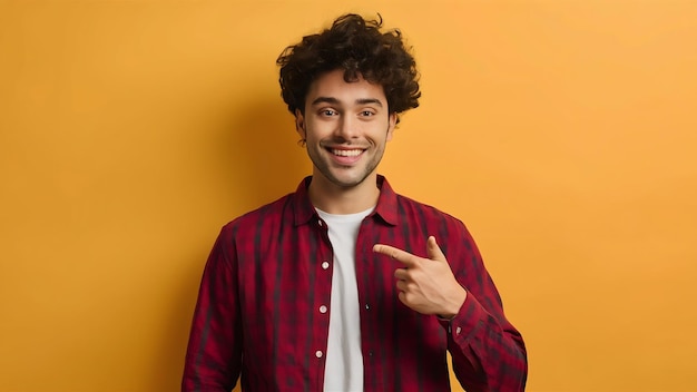 Un jeune homme heureux et beau se montre et sourit.