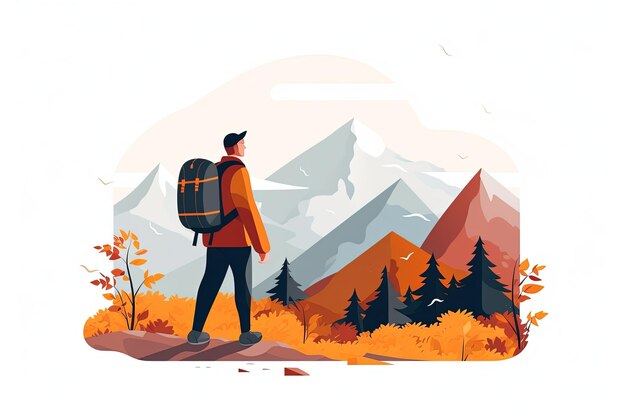 Jeune homme heureux et en bonne santé randonnée touriste sac à dos randonnée forêt et montagnes illustration
