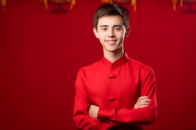 Jeune homme heureux en chemise chinoise à fond rouge Espace pour le texte