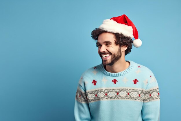 Photo jeune homme heureux dans un pull de noël et un chapeau de père noël sur un fond bleu clair espace pour le texte