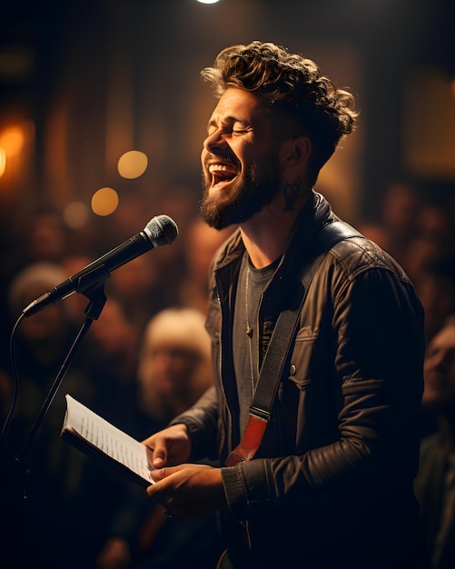 Un jeune homme heureux donnant un concert de culte dans un événement d'église chrétienne