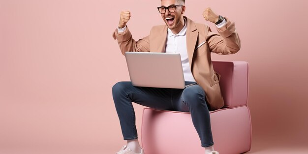 Jeune homme heureux, excité et cool, dans une veste tendance, assis dans un fauteuil en forme de sac de haricots, tenant un travail sur un ordinateur portable, faisant le geste du gagnant