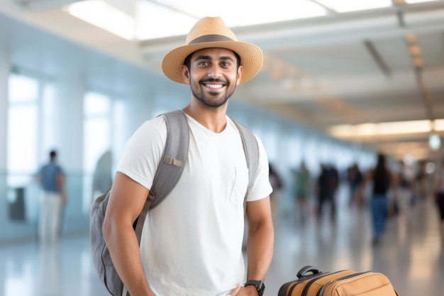 jeune homme heureux expression voyageur et concept d'aéroport généré par ai