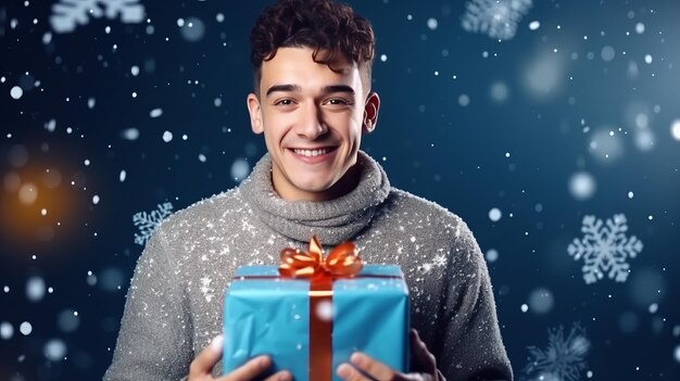 Jeune homme heureux ou homme avec une boîte de cadeaux de Noël sur un fond bleu enneigé émotions vives Ne