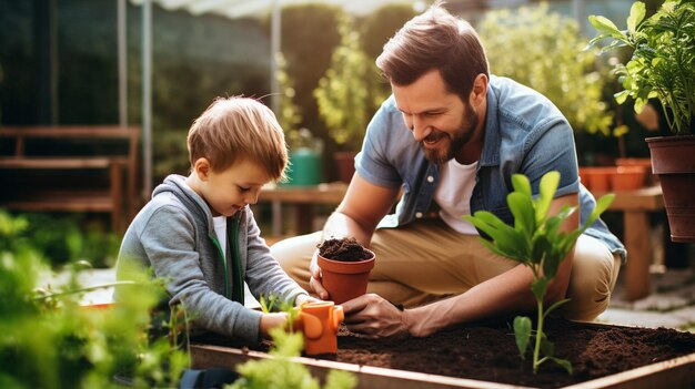 Un jeune homme heureux plante et son petit fils l'aide AI générative AI