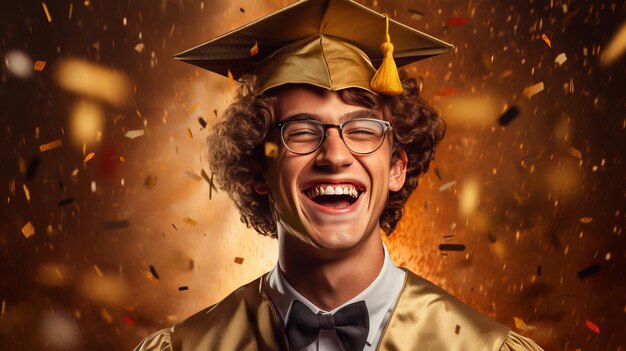 Un jeune homme heureux portant une casquette et une robe de graduation un jeune homme souriant rayonne de bonheur