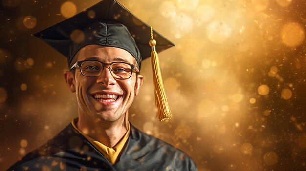 Photo un jeune homme heureux portant une casquette et une robe de graduation un jeune homme souriant rayonne de bonheur