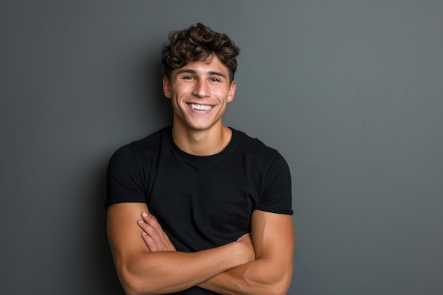 Un jeune homme heureux posant sur un fond gris.