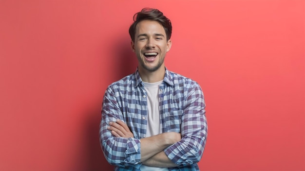 Photo un jeune homme heureux qui rit et se tient sur un fond blanc.